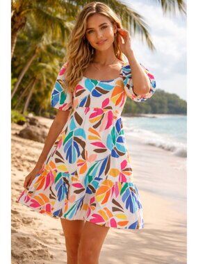 Tabitha Brown Vacation Mini Dress Women M Botanical Print Linen Blend Pockets